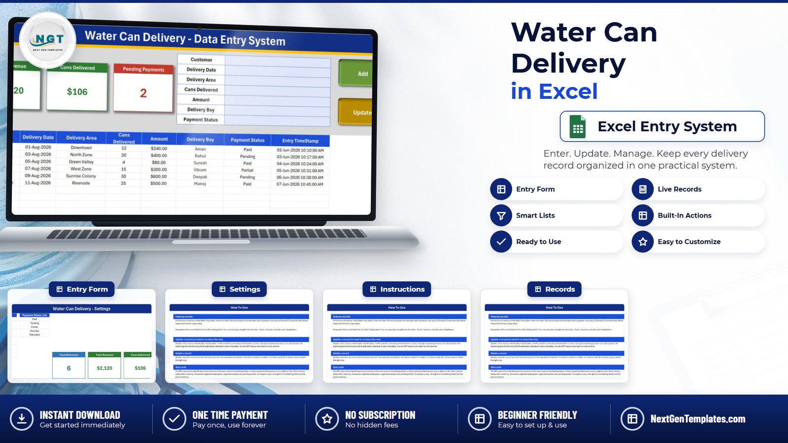 Water Can Delivery Data Entry System in Excel