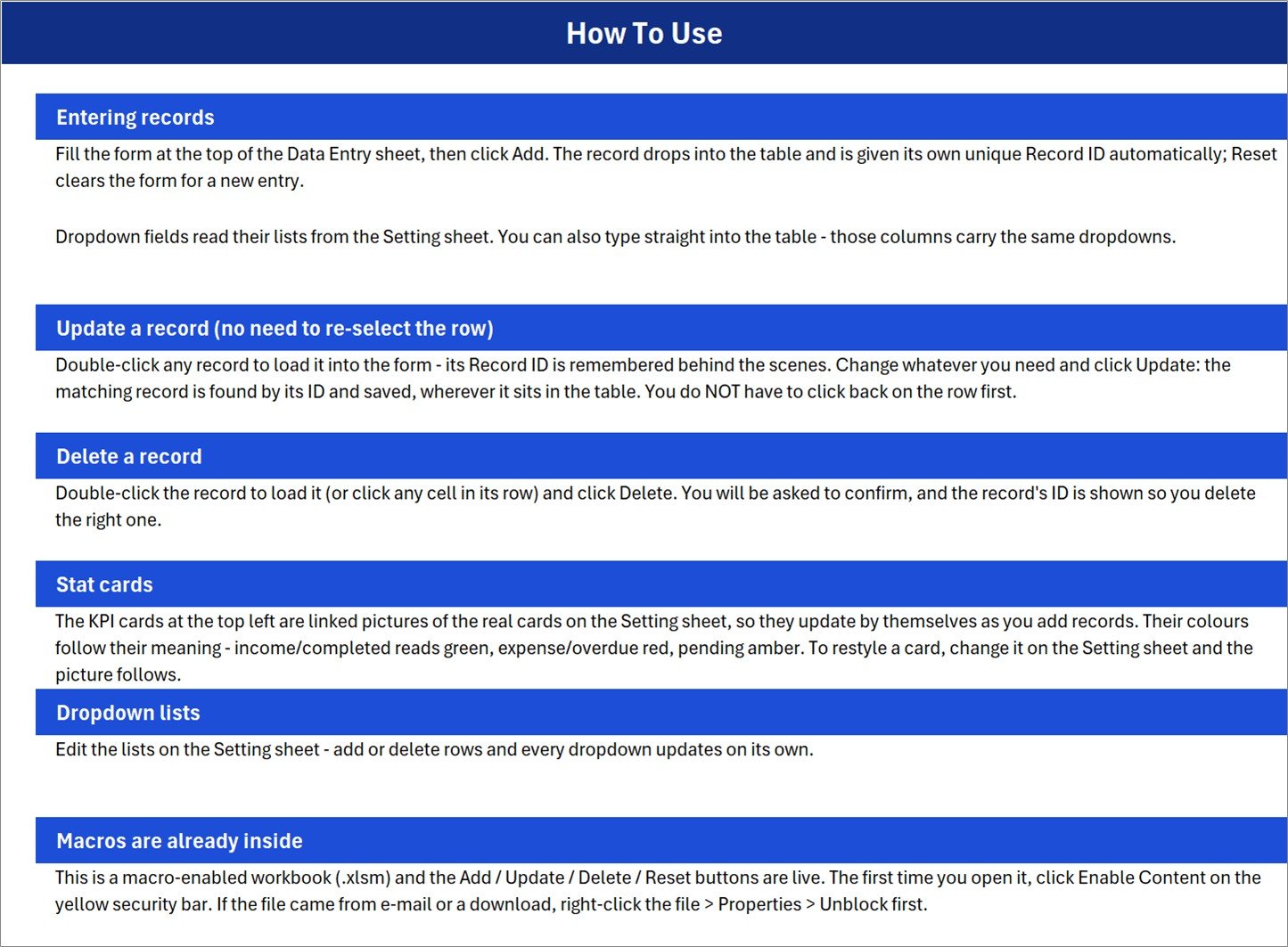 Instructions sheet of the Water Can Delivery Data Entry System in Excel explaining entering records, updating without re-selecting a row, deleting, stat cards, dropdown lists and enabling macros