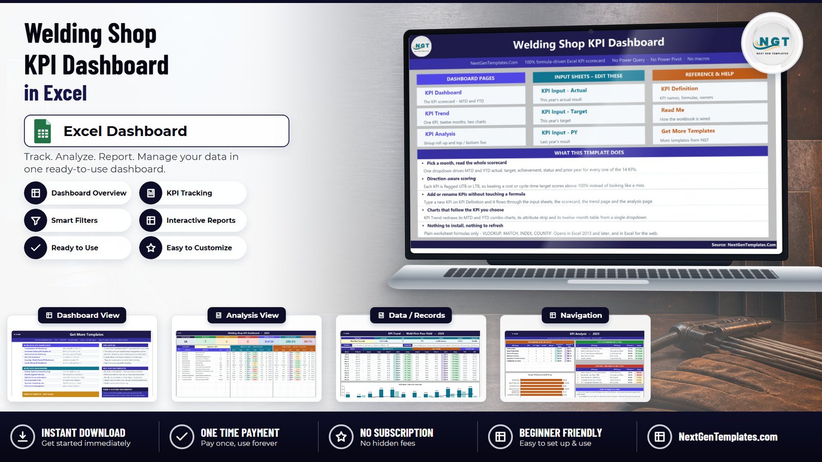 Welding Shop KPI Dashboard in Excel shown on a laptop with the navigation page and four workbook page thumbnails
