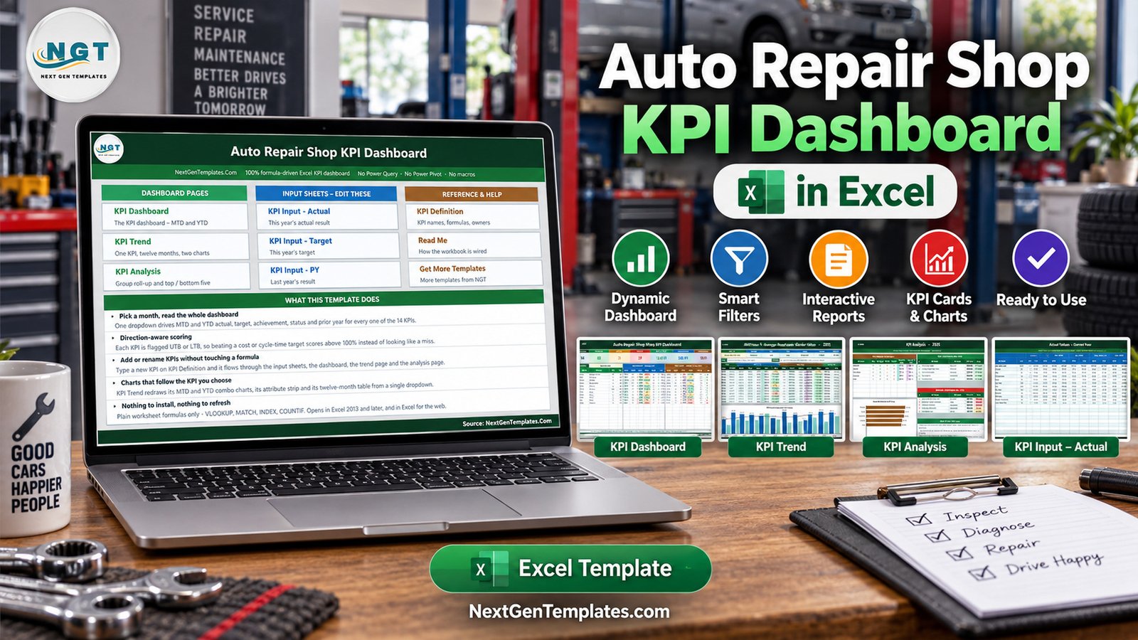 Auto Repair Shop KPI Dashboard in Excel shown on a laptop with KPI Dashboard, KPI Trend and KPI Analysis page thumbnails