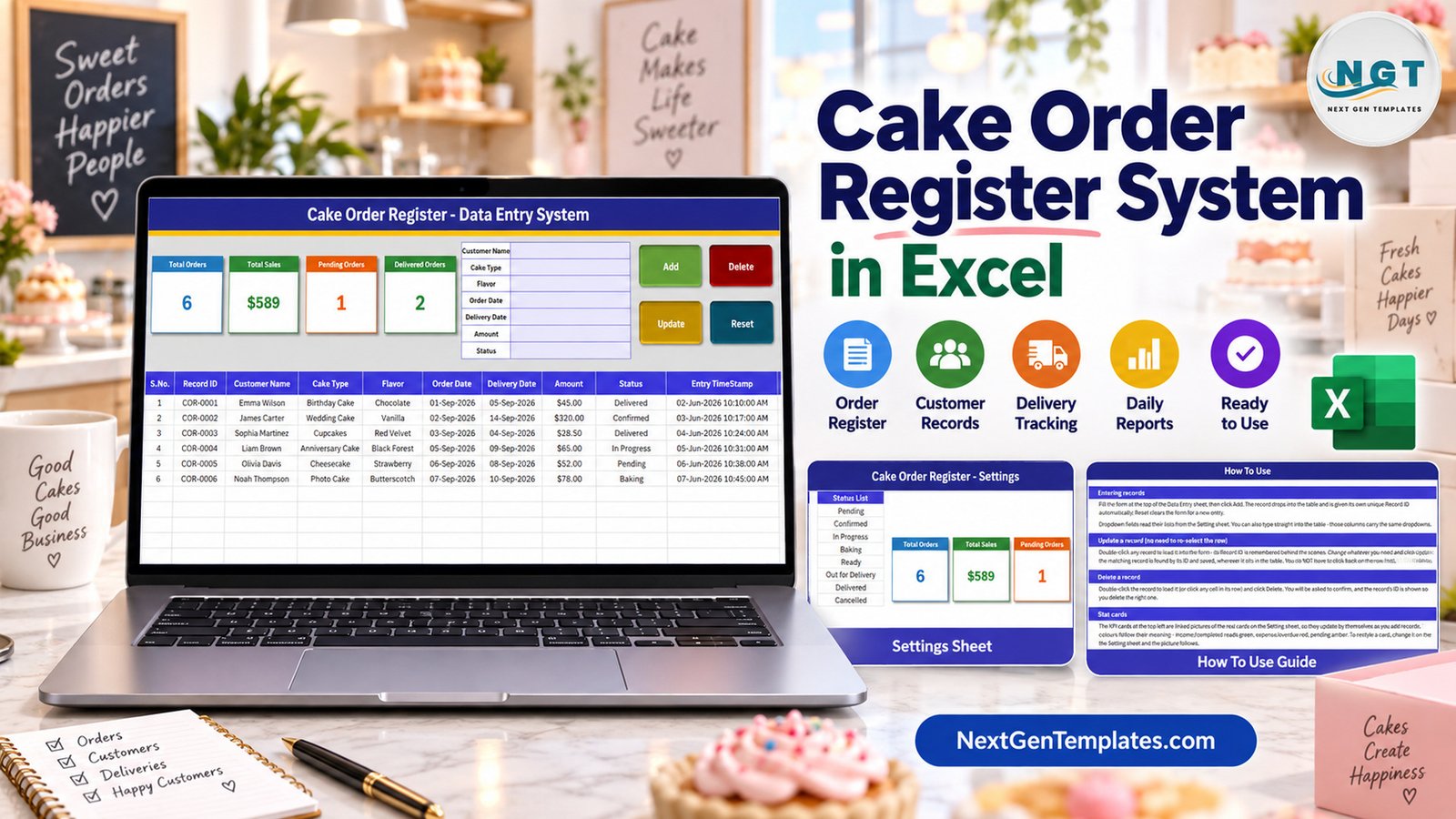 Cake order register data entry system in Excel