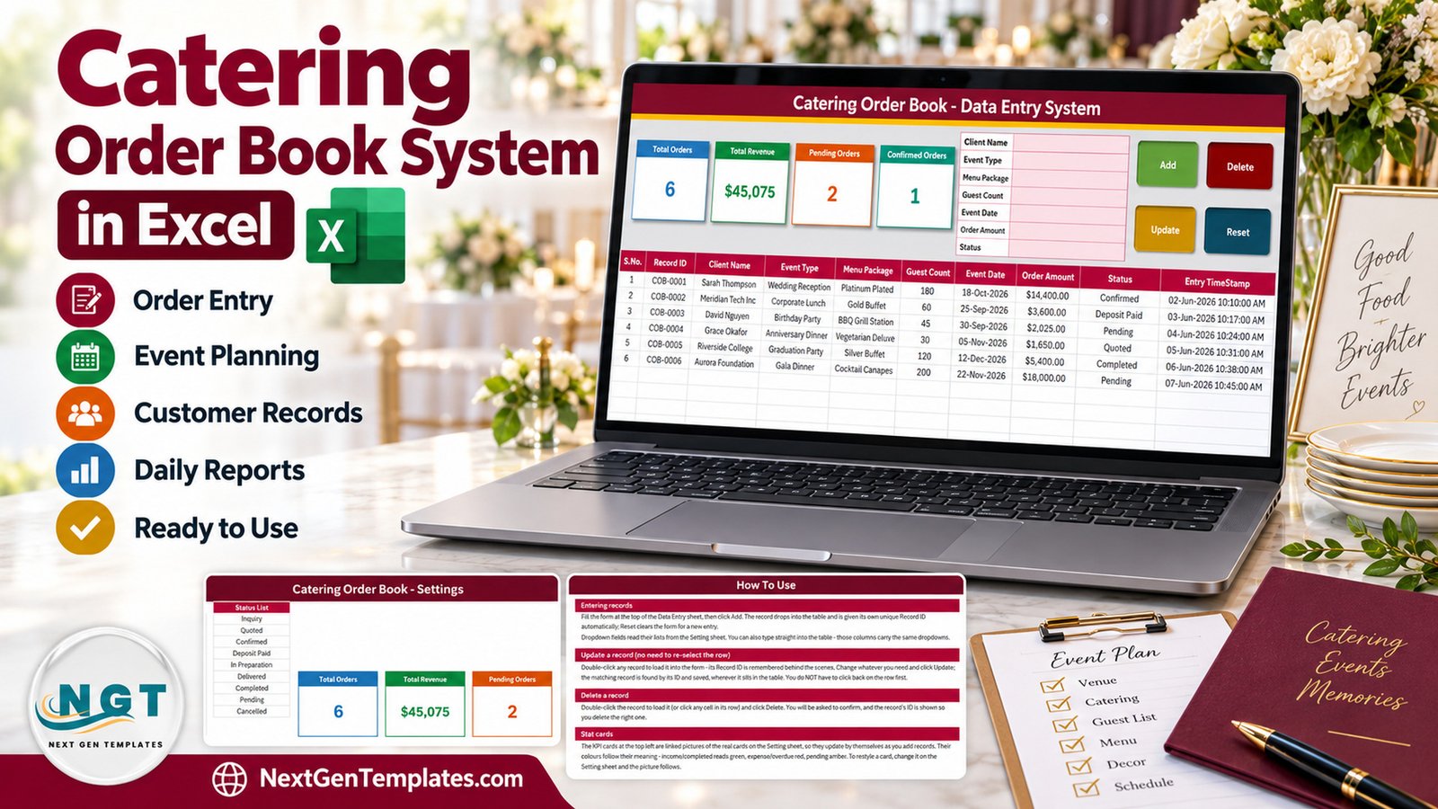Catering Order Book Data Entry System in Excel