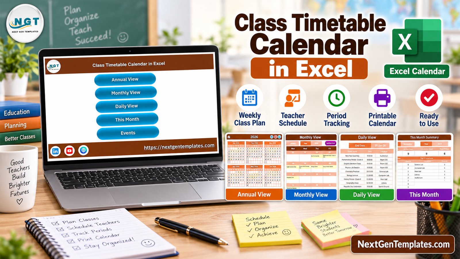 Class Timetable Calendar in Excel feature image showing school timetable planning views