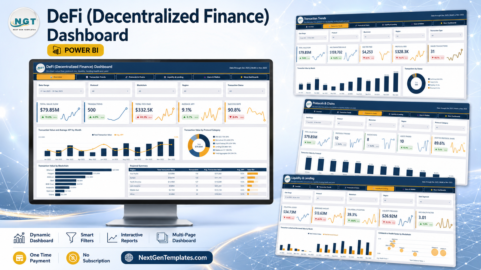 DeFi (Decentralized Finance) Dashboard in Power BI - five-page report showing on-chain value flow, protocol mix, liquidity and lending