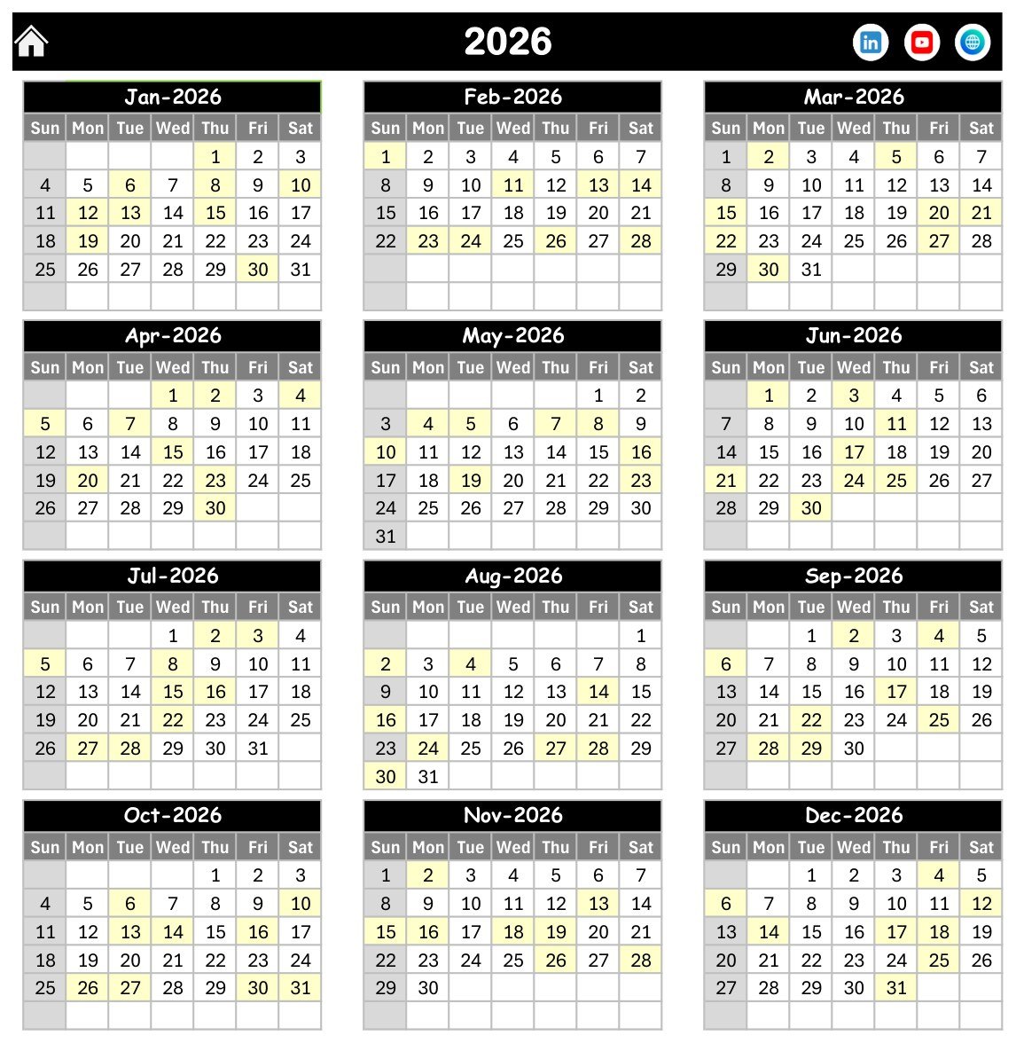 Diet Plan Calendar in Excel - Annual View showing all twelve months of 2026