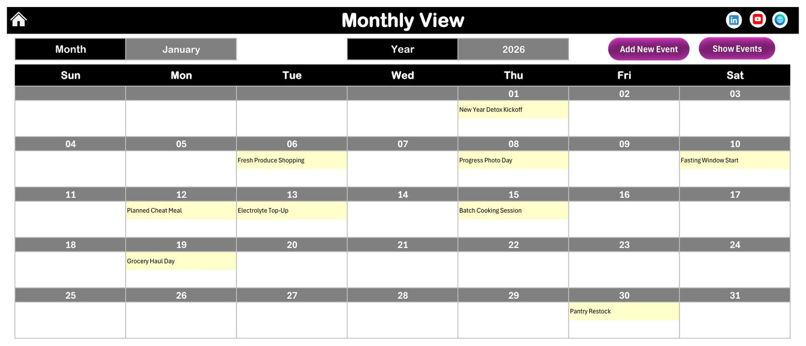 Diet Plan Calendar in Excel - Monthly View for January 2026