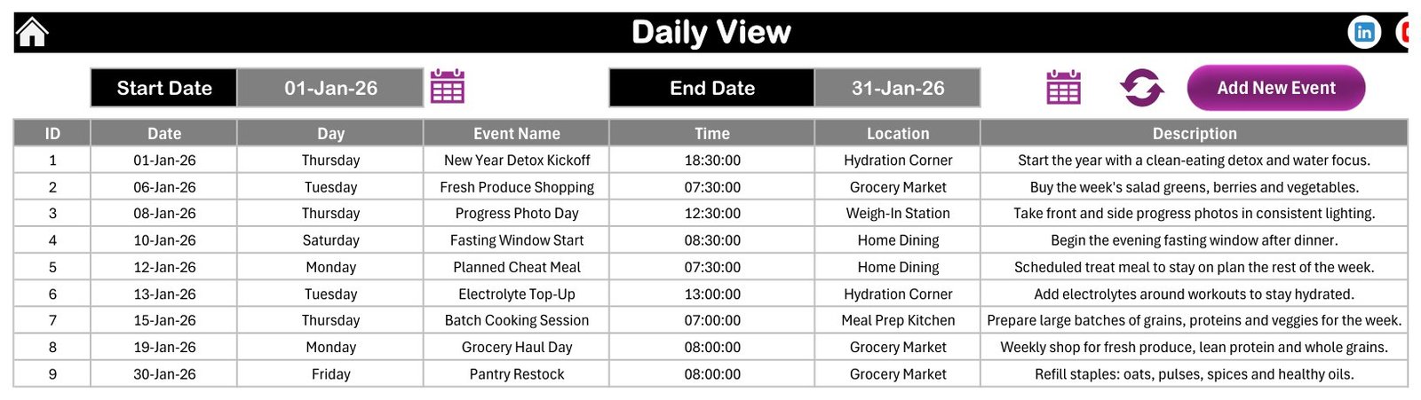 Diet Plan Calendar in Excel - Daily View listing entries for a date range