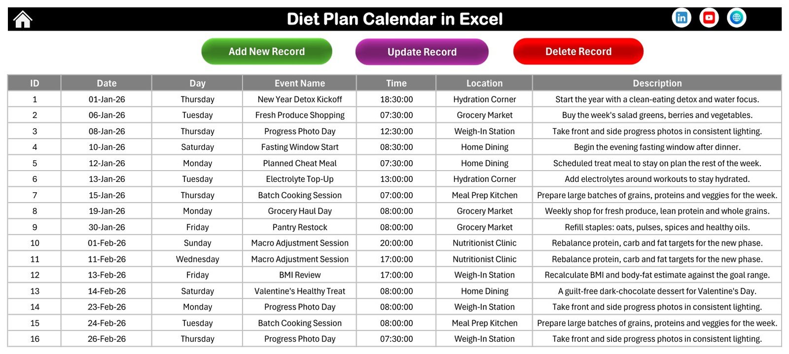 Diet Plan Calendar in Excel - Events sheet with Add, Update and Delete Record buttons