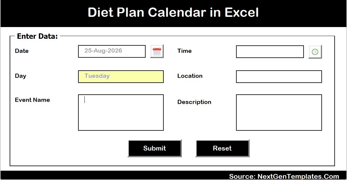 Diet Plan Calendar in Excel - pop-up entry form with date and time pickers