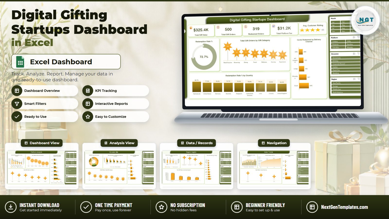 Digital Gifting Startups Dashboard in Excel - five-page analytical dashboard with KPI cards, redemption gauge and slicers