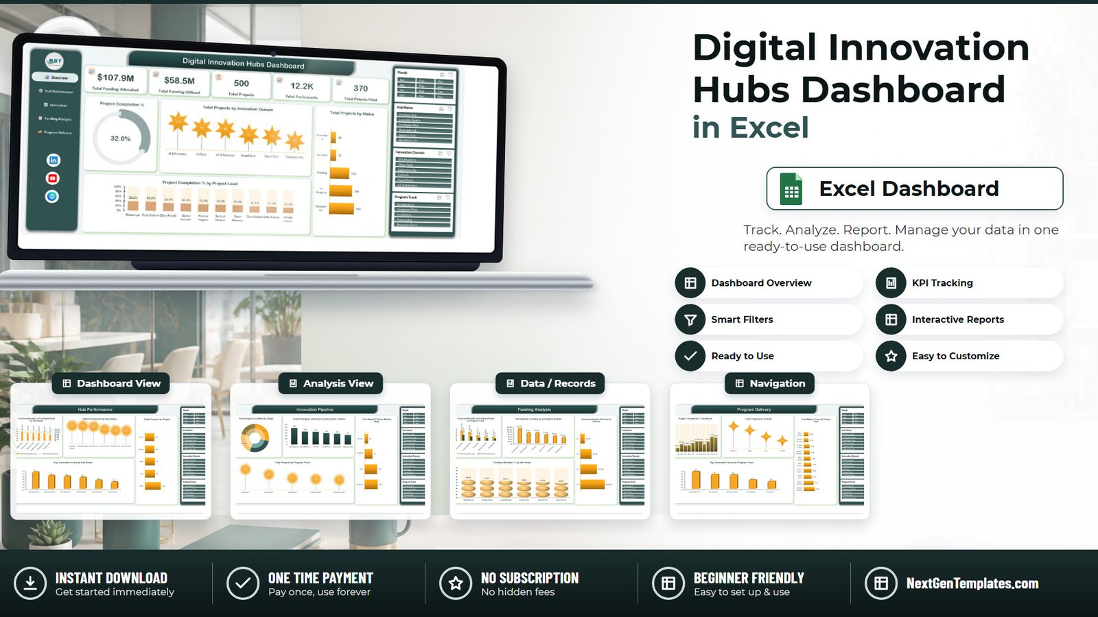 Digital Innovation Hubs Dashboard in Excel - five-page innovation portfolio dashboard template