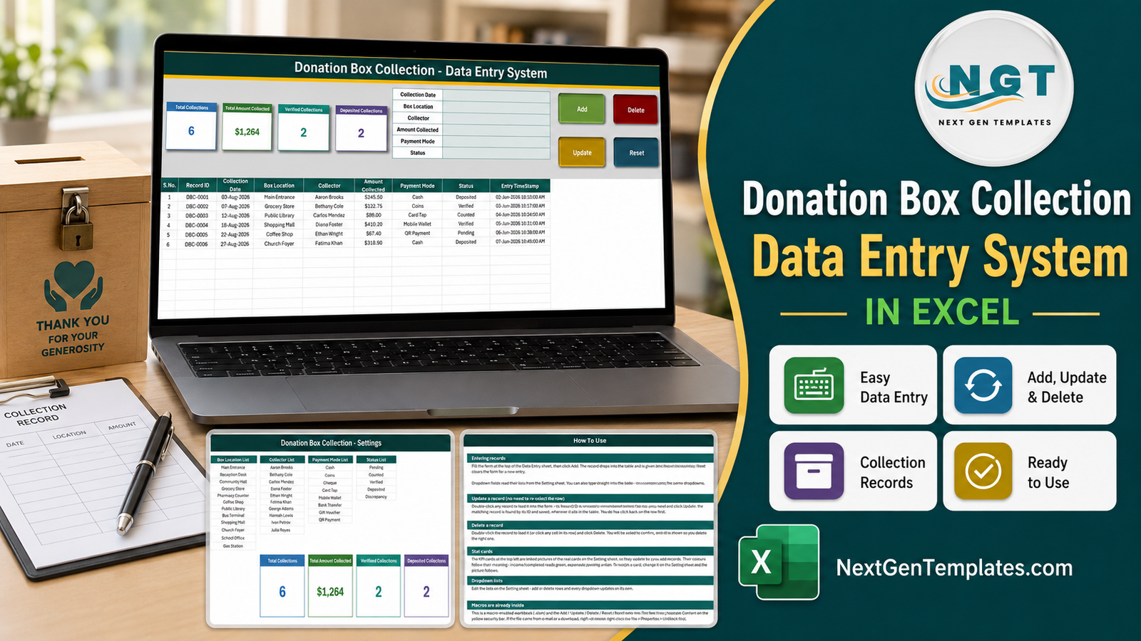 Donation Box Collection Data Entry System in Excel shown on a laptop beside a wooden collection box