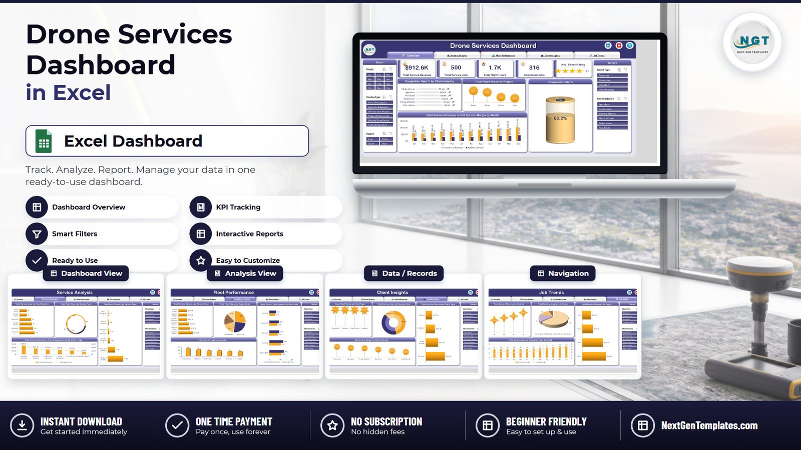 Drone Services Dashboard in Excel - five-page drone operations dashboard template