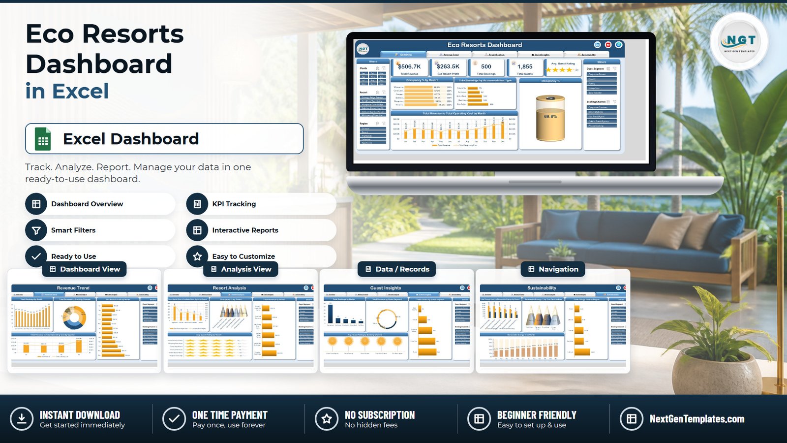 Eco Resorts Dashboard in Excel - five-page eco resort reporting template