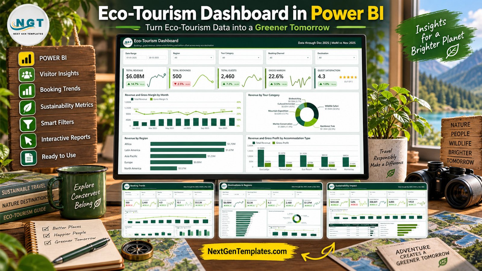 Eco Tourism Dashboard in Power BI with Overview and supporting report pages