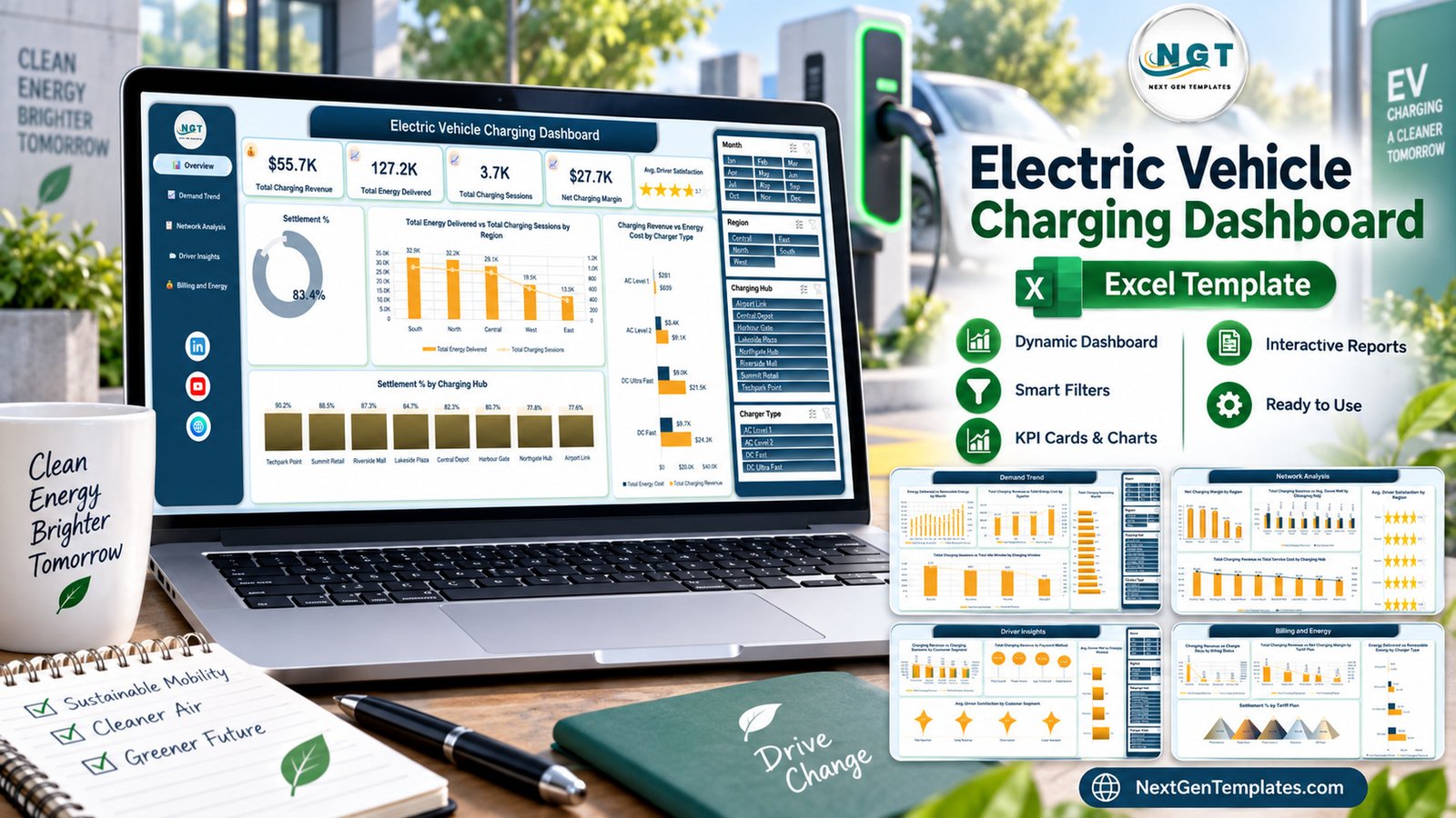 Electric Vehicle Charging Dashboard in Excel shown on a laptop with KPI cards and charts