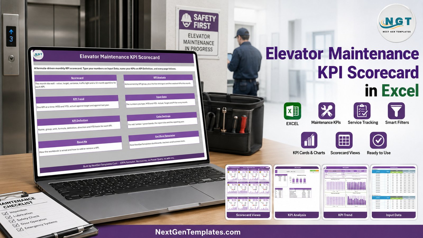 Elevator Maintenance KPI Scorecard in Excel with monthly cards analysis and trend views
