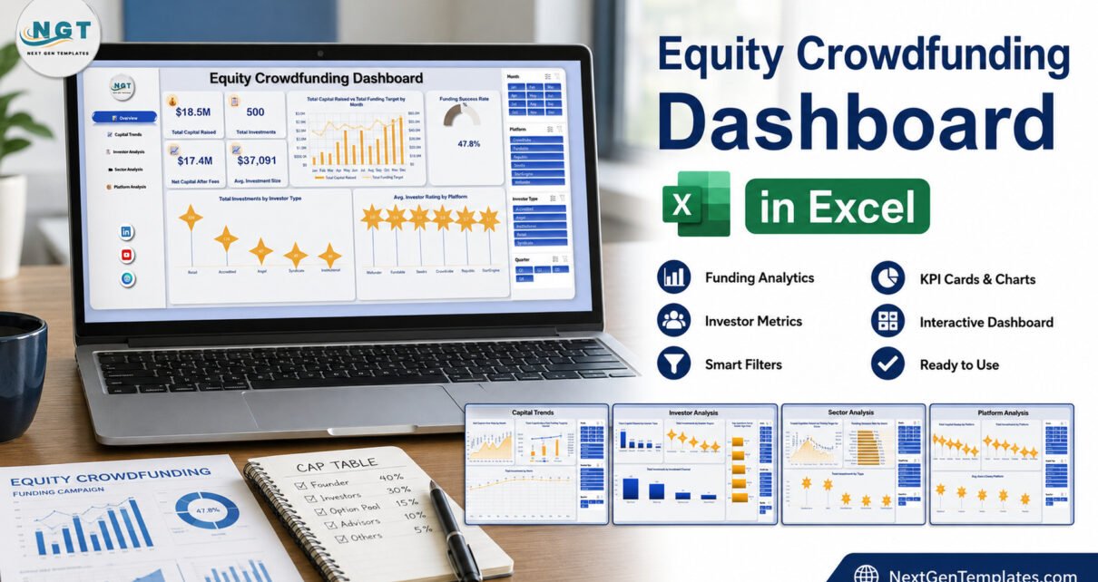 Equity Crowdfunding Dashboard in Excel with five analysis pages