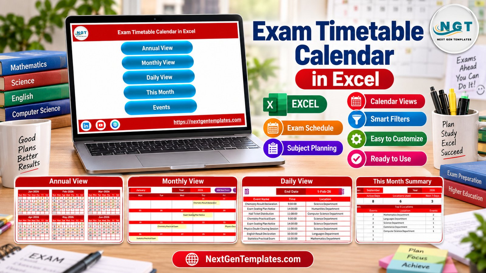 Exam Timetable Calendar in Excel with annual monthly daily and current month views