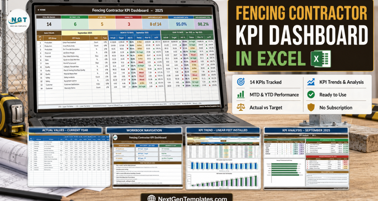 Fencing Contractor KPI Dashboard in Excel - 14 KPIs tracked, MTD and YTD performance, actual vs target, KPI trends and analysis