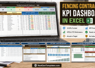 Fencing Contractor KPI Dashboard in Excel - 14 KPIs tracked, MTD and YTD performance, actual vs target, KPI trends and analysis