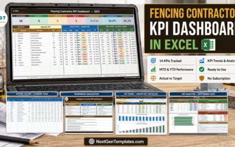 Fencing Contractor KPI Dashboard in Excel - 14 KPIs tracked, MTD and YTD performance, actual vs target, KPI trends and analysis