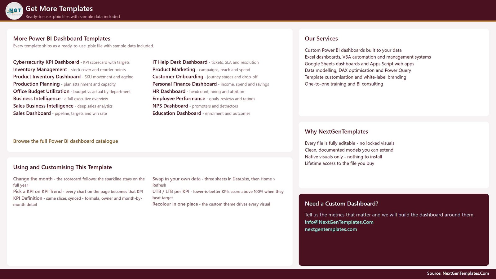 Get More Templates page of the Fencing Contractor KPI Dashboard in Power BI listing further templates and customisation notes