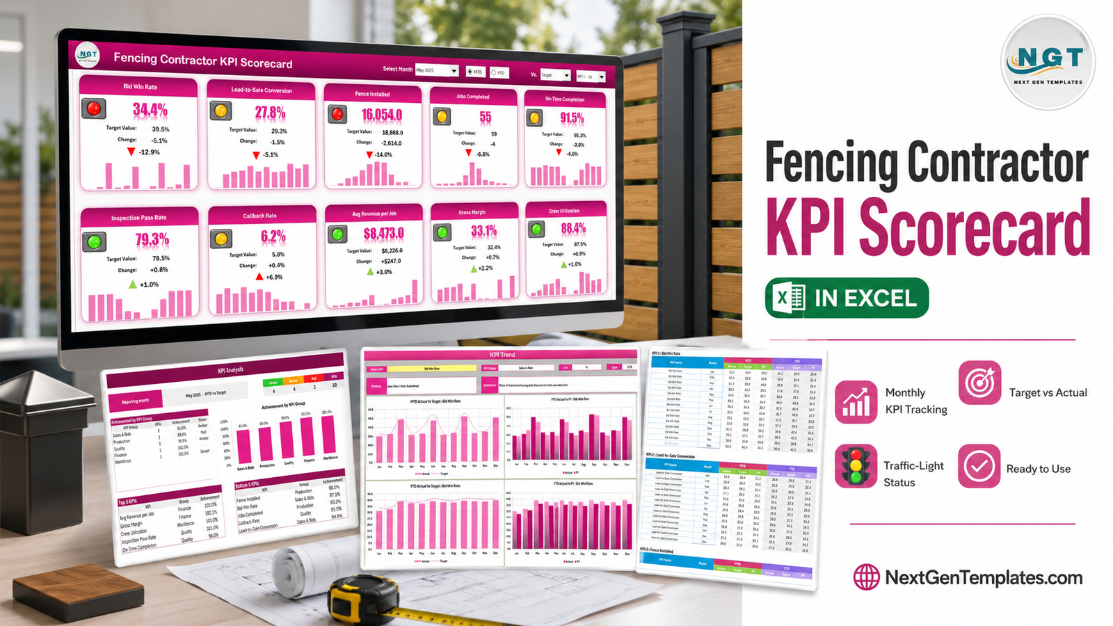 Fencing Contractor KPI Scorecard in Excel - monthly KPI scorecard with traffic lights, KPI Analysis and KPI Trend pages