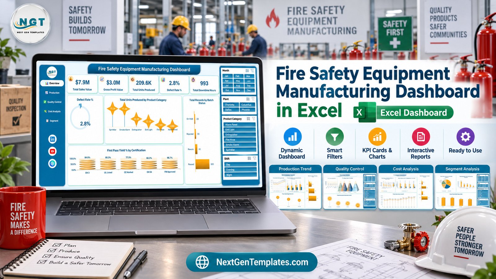 fire safety equipment manufacturing dashboard in Excel