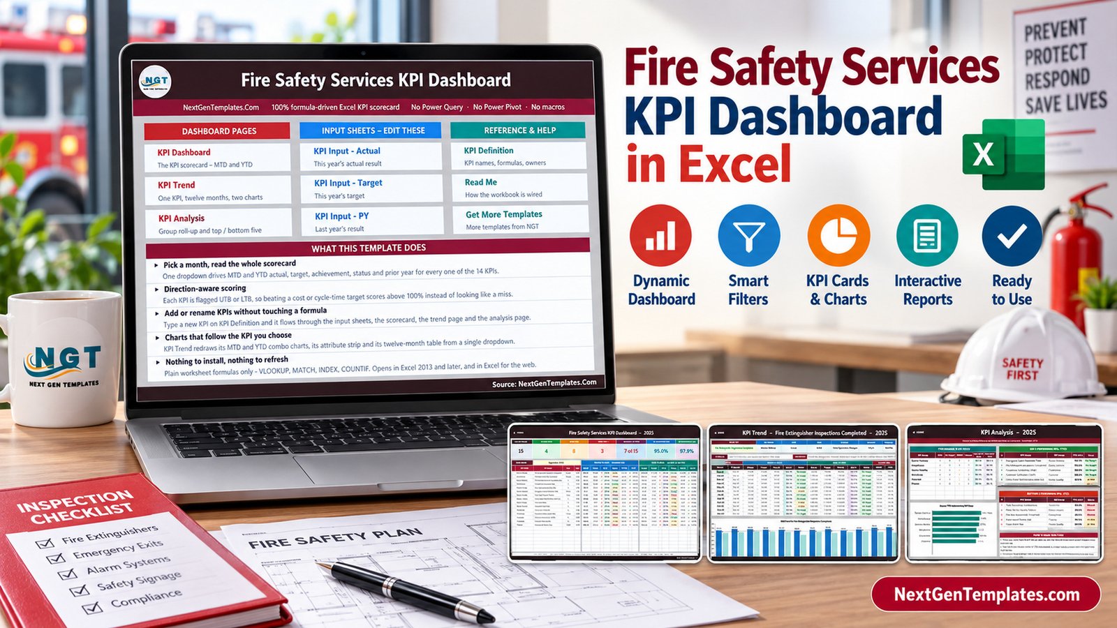 Fire Safety Services KPI Dashboard in Excel showing the scorecard, trend and analysis pages