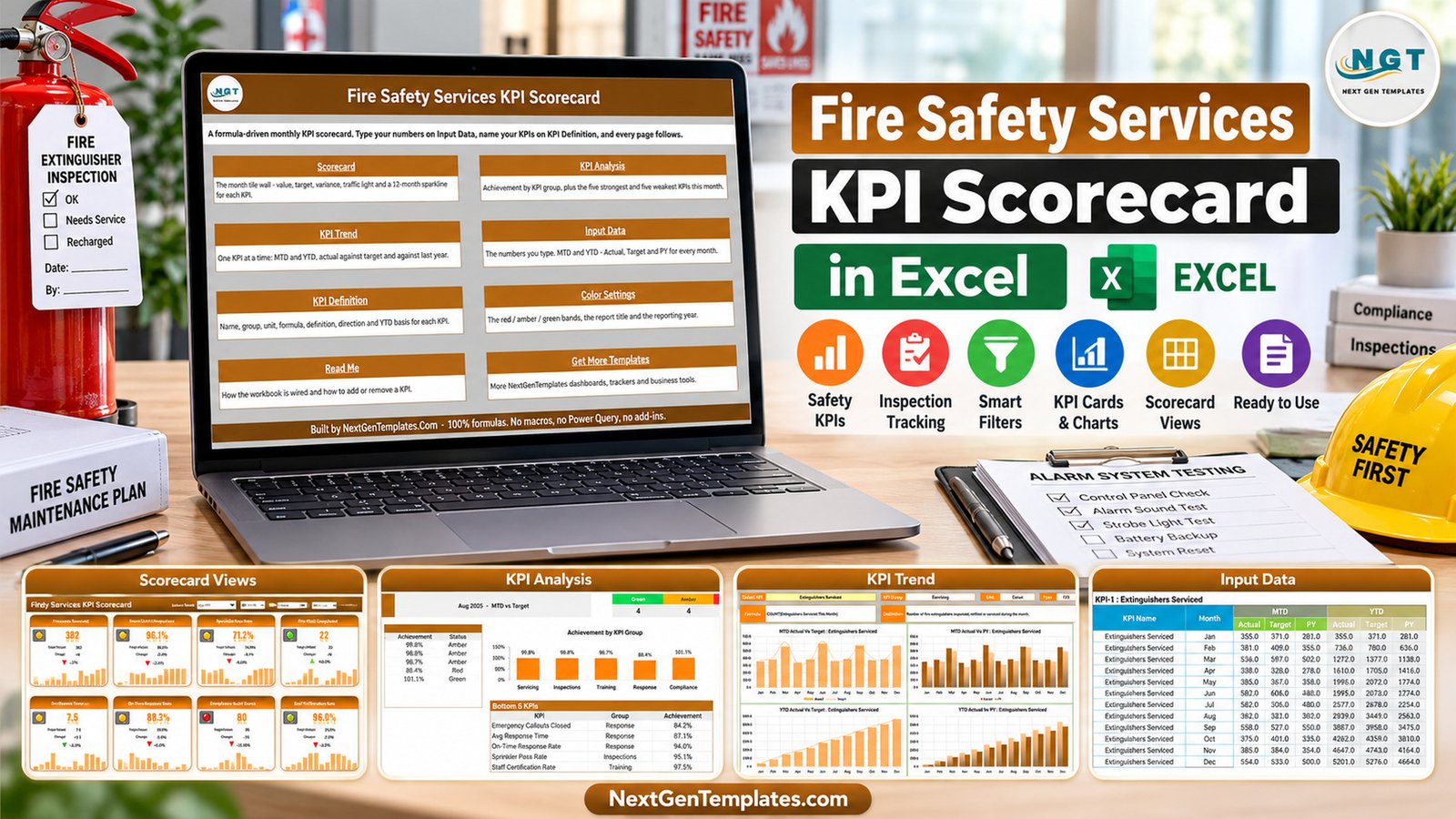 Fire Safety Services KPI Scorecard in Excel scorecard analysis trend and input views