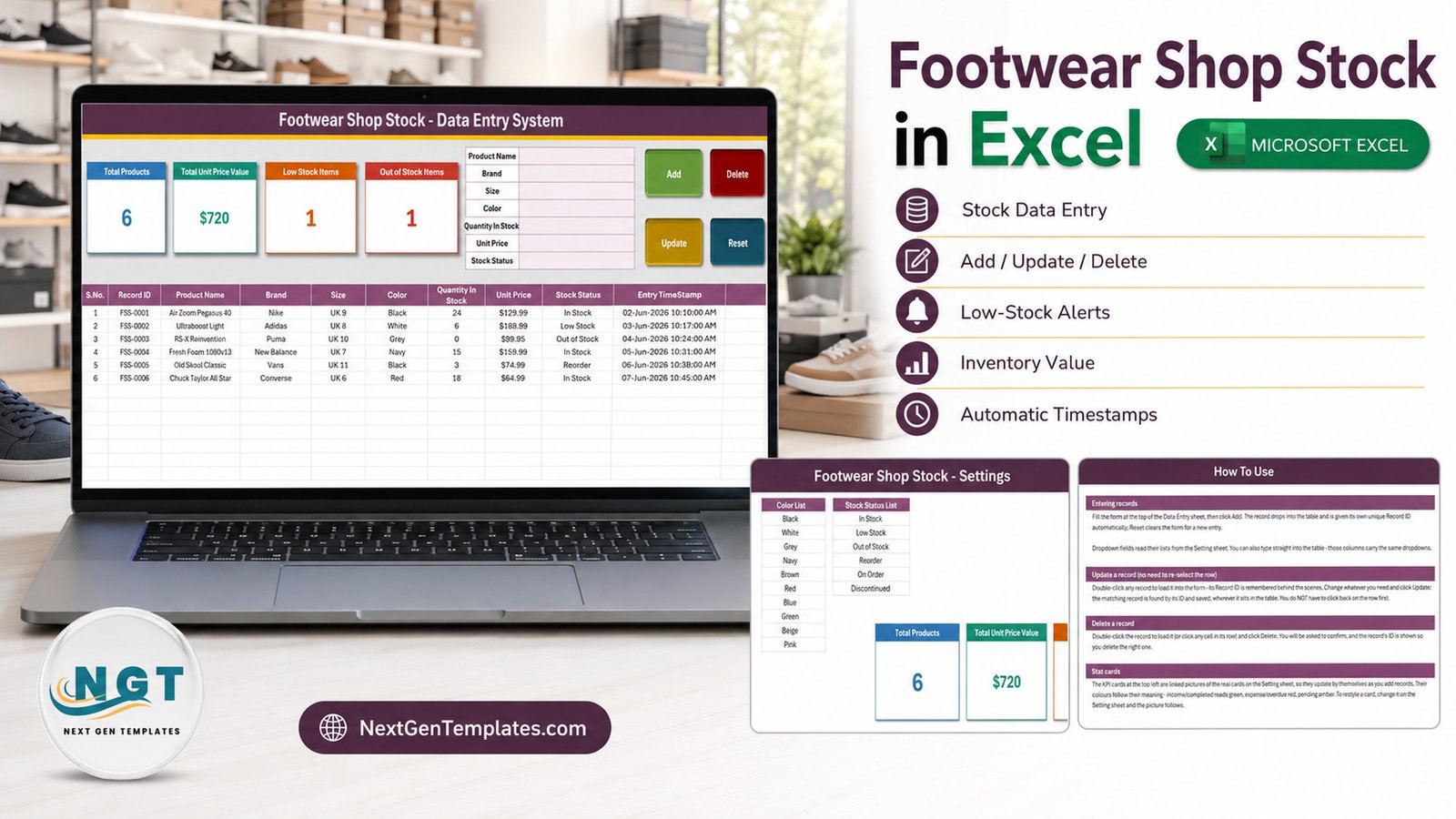 Footwear Shop Stock Data Entry System in Excel shown on a laptop in a shoe shop, with stat cards, entry form and records table