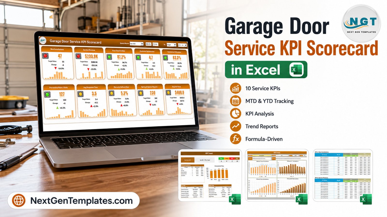 Garage Door Service KPI Scorecard in Excel shown on a laptop with ten KPI tiles and traffic lights