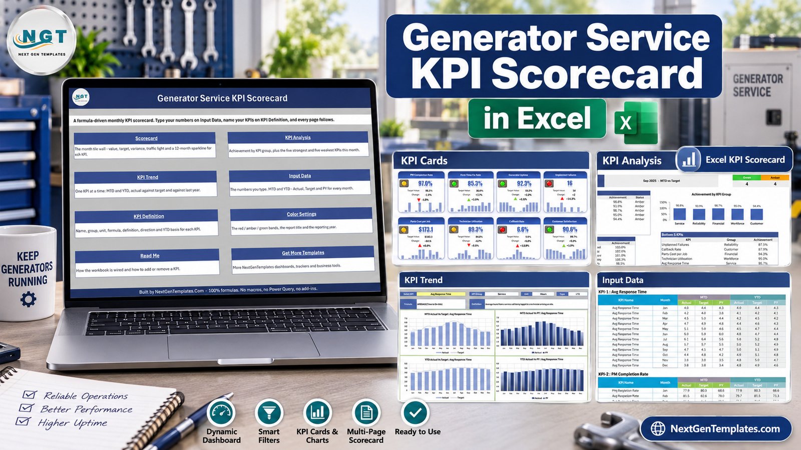 Generator Service KPI Scorecard in Excel overview