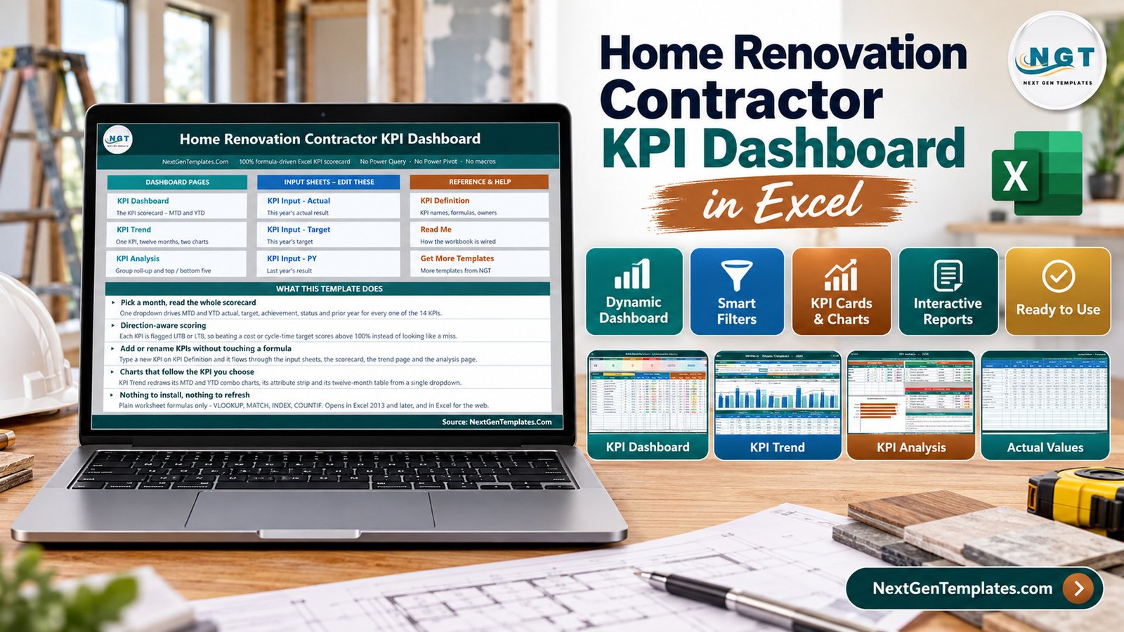 renovation contractor KPI dashboard in Excel