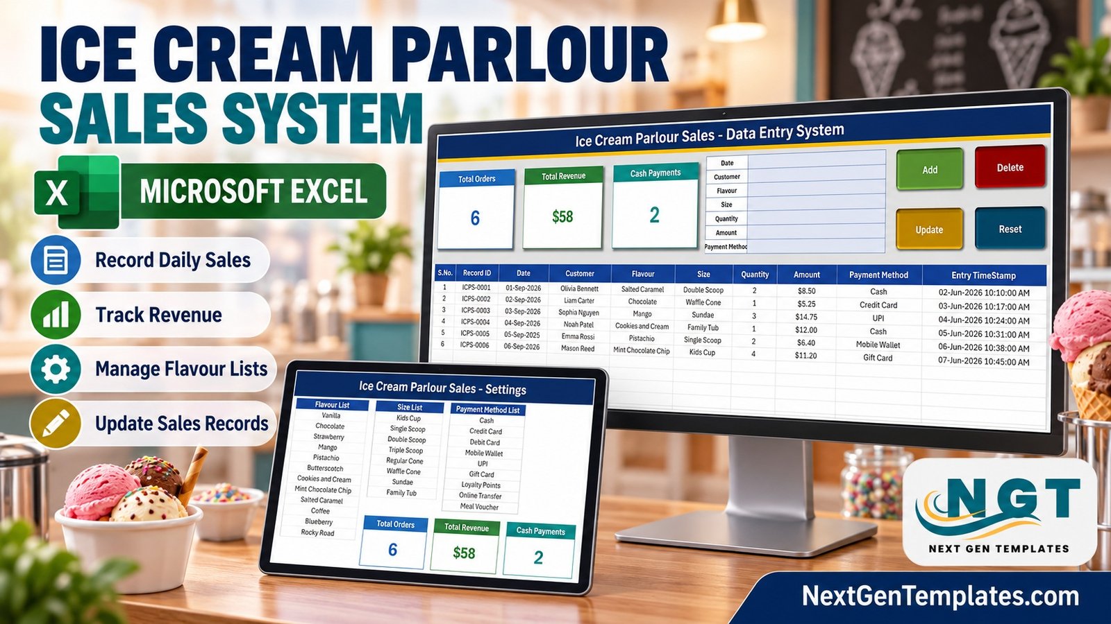 Ice cream shop sales register in Excel with stat cards and flavour lists