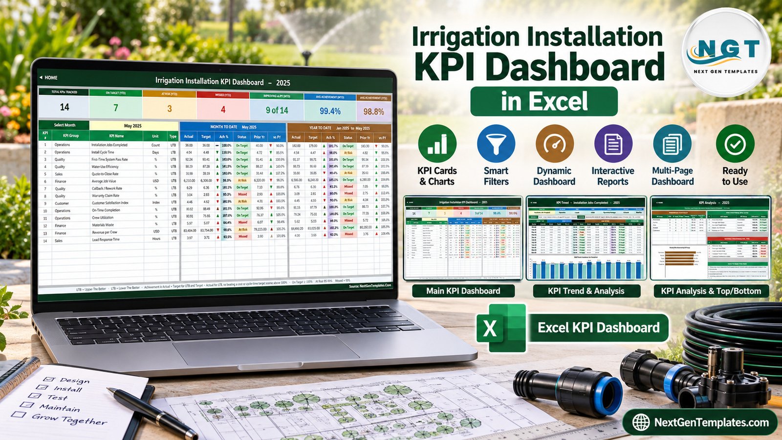 Irrigation installation KPI template in Excel