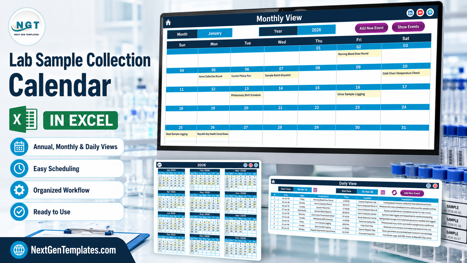Lab Sample Collection Calendar in Excel showing the Monthly View for January 2026 with the Annual View and Daily View beside it