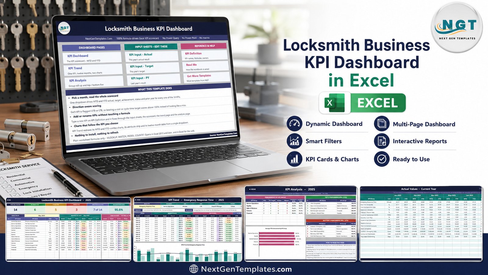 Locksmith Business KPI Dashboard in Excel shown on a laptop with the scorecard, trend and analysis pages