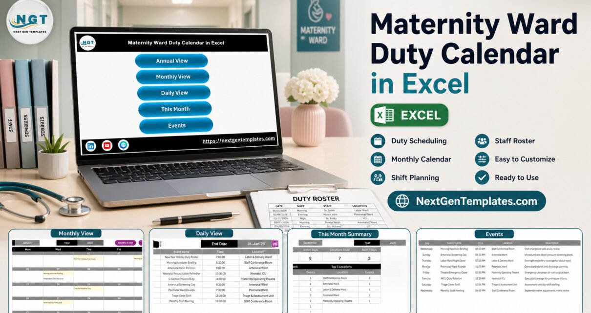 Maternity Ward Duty Calendar in Excel with annual monthly daily and summary views