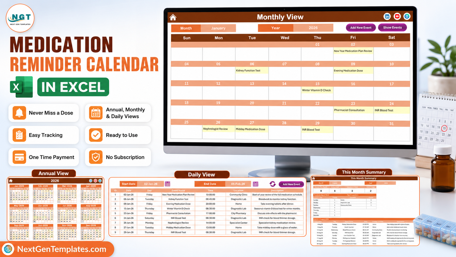Medication Reminder Calendar in Excel showing the Monthly View for January 2026 with the Annual View, Daily View and This Month summary beside it