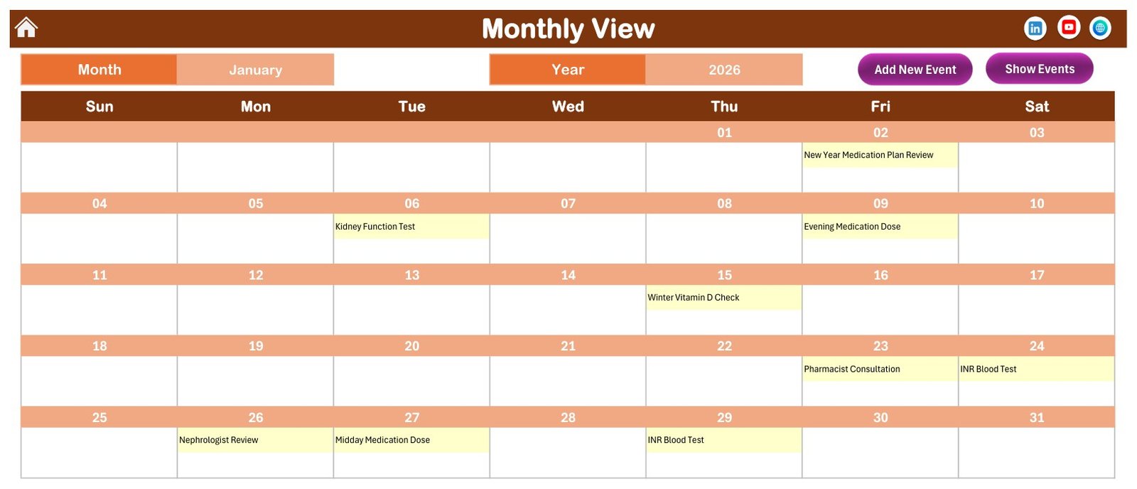 Monthly View of the Medication Reminder Calendar in Excel showing January 2026 in a Sunday to Saturday grid with each entry named inside its date cell