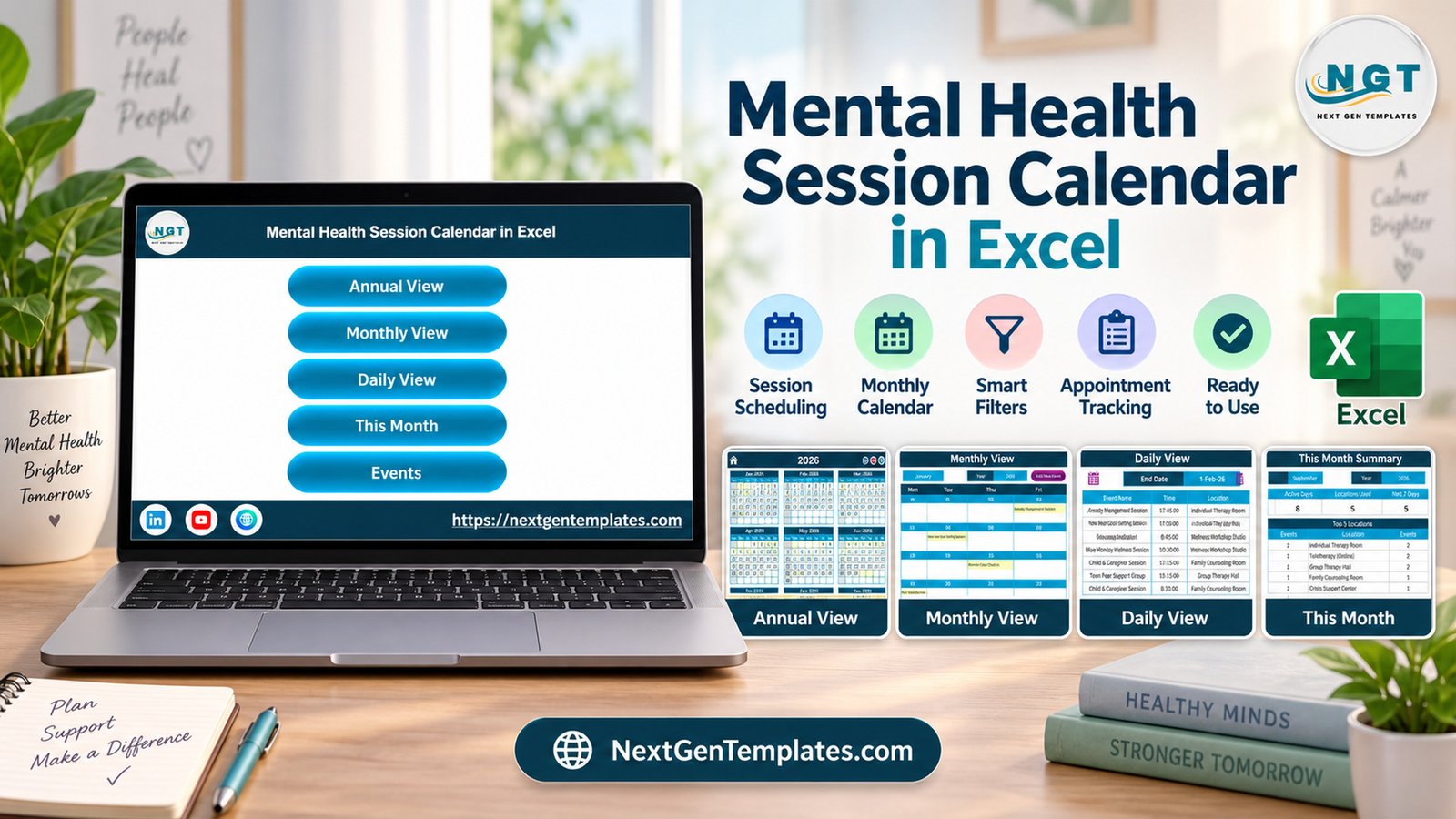 Mental Health Session Calendar in Excel with annual monthly daily and current month views