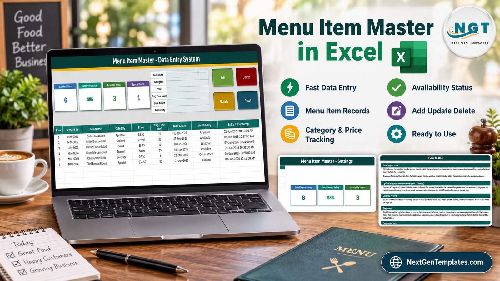 Menu Item Master Data Entry System in Excel for restaurant and cafe menu records