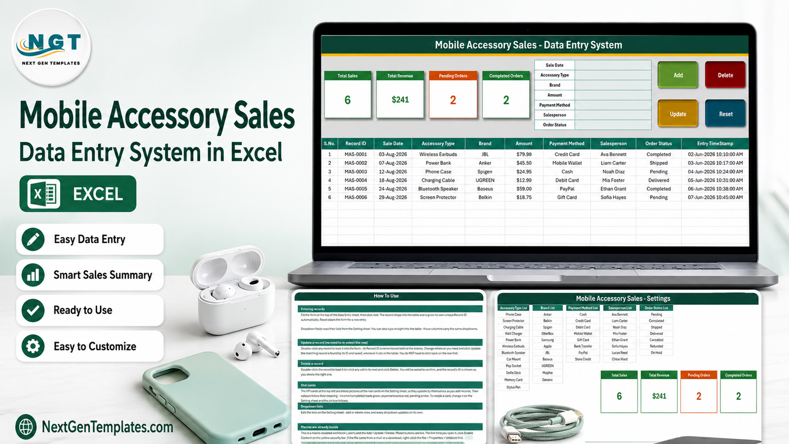 Mobile Accessory Sales Data Entry System in Excel