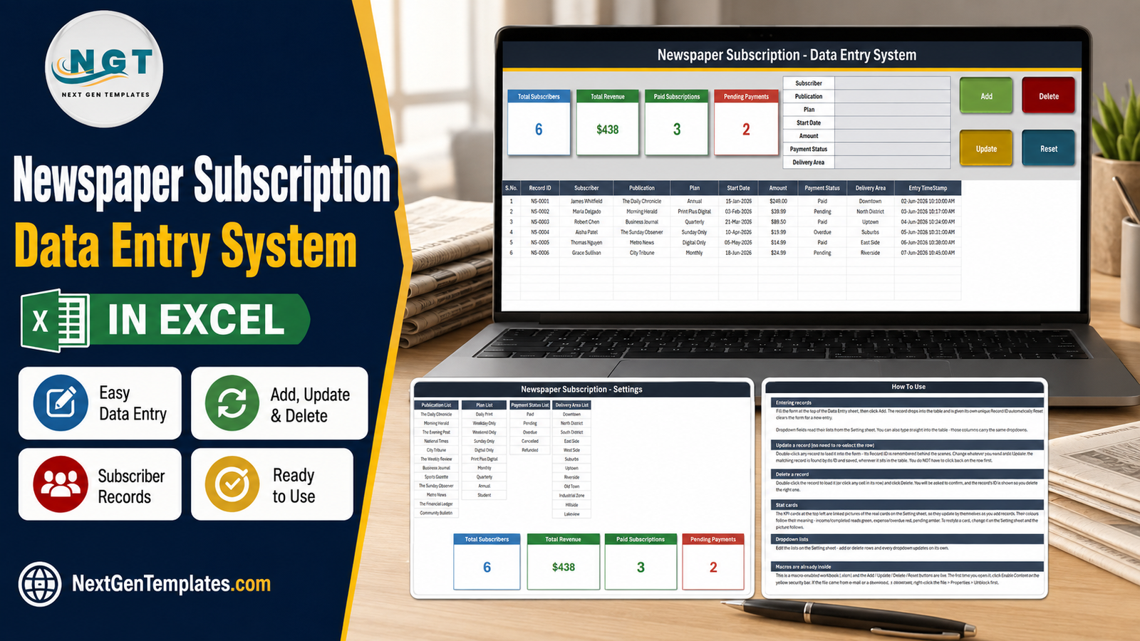 Newspaper Subscription Data Entry System in Excel - entry form, stat cards, records table and settings lists