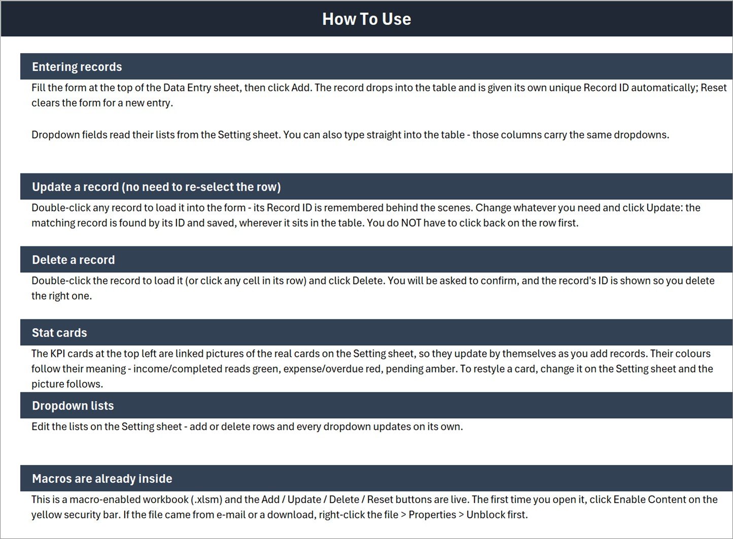 How To Use sheet listing the six instruction sections including entering, updating and deleting records