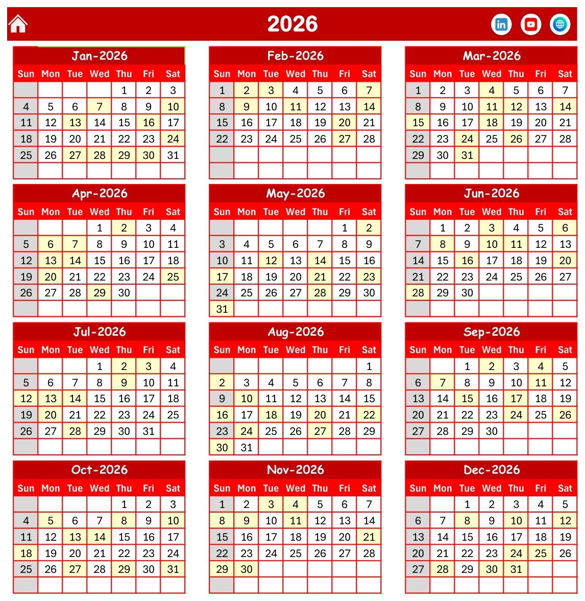 Optical Store Appointment Calendar in Excel Annual View for 2026