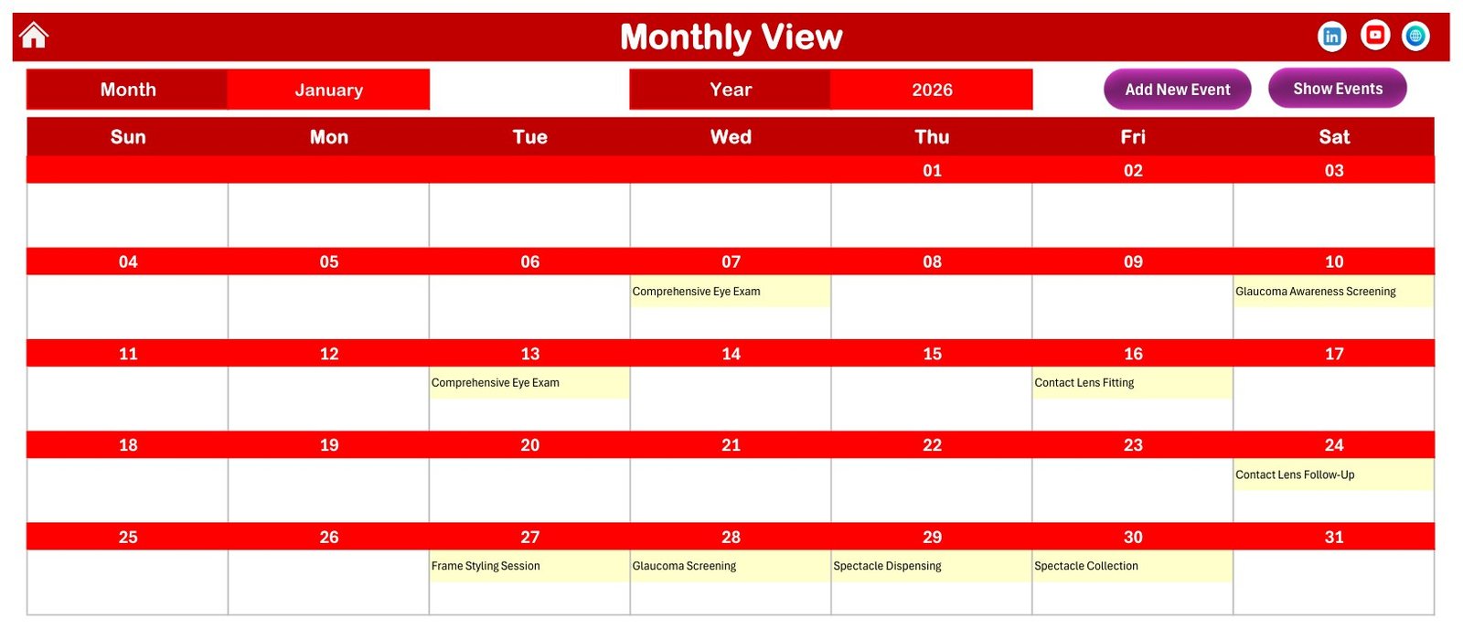 Optical Store Appointment Calendar in Excel Monthly View for January 2026