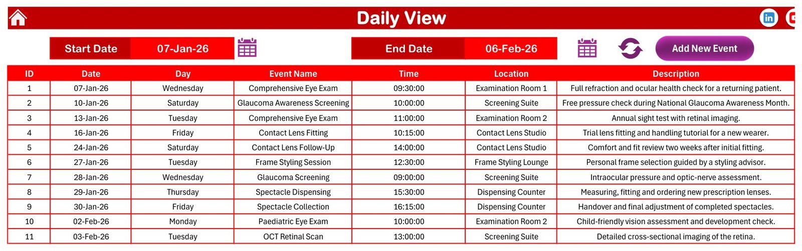 Optical Store Appointment Calendar in Excel Daily View date range list